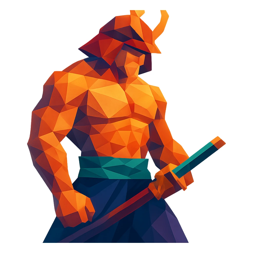 A muscular samurai with geometric shapes and vibrant colors sticker