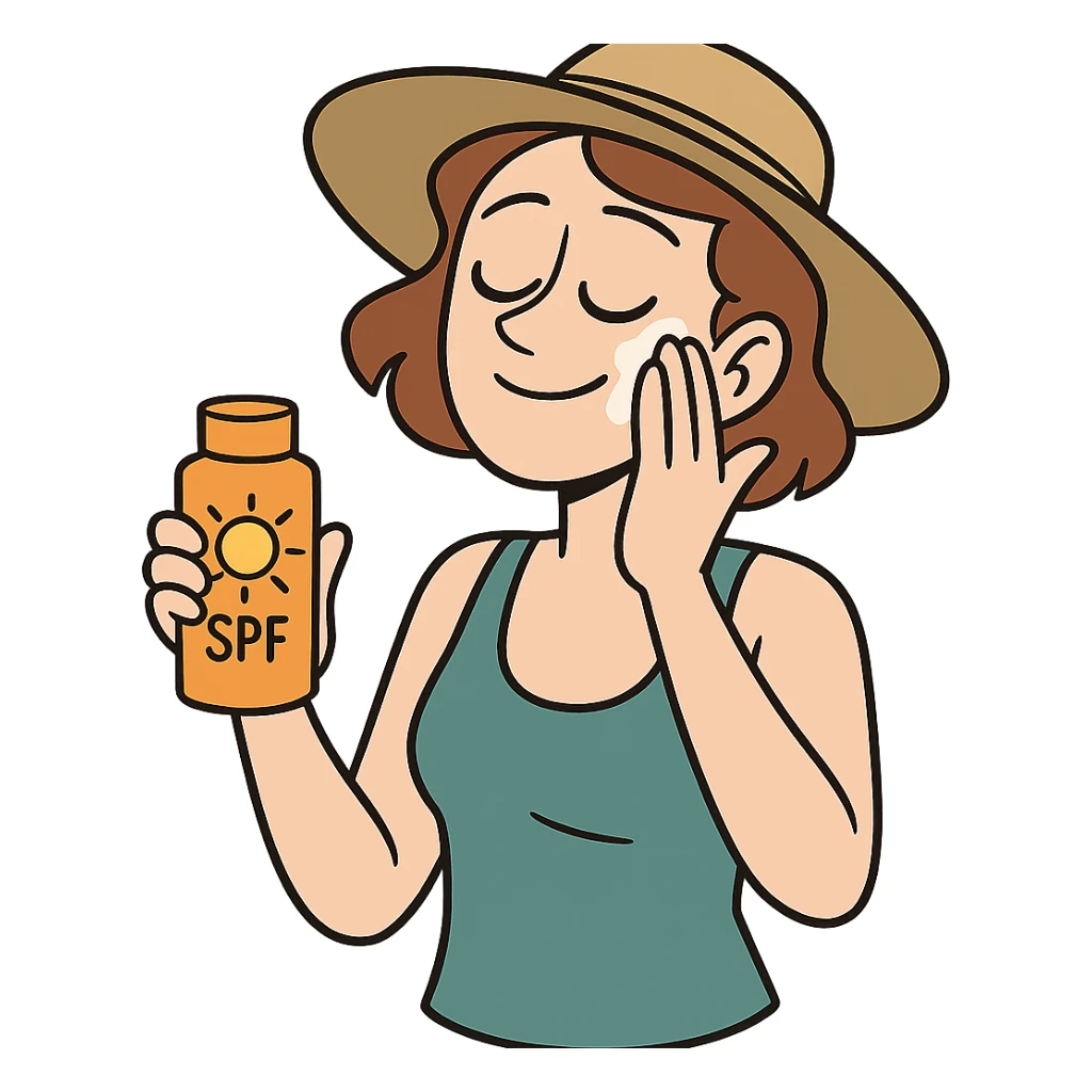 illustration of a woman gently rubbing sunscreen on her face with one hand, holding a sunscreen container in the other, casual summer look, no background sticker