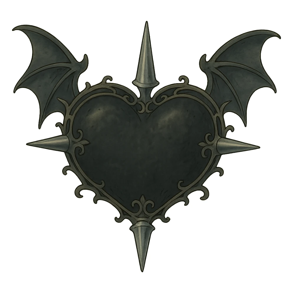 black gothic heart with metallic spikes and gothic bat wings, ornate, dark, elegant sticker