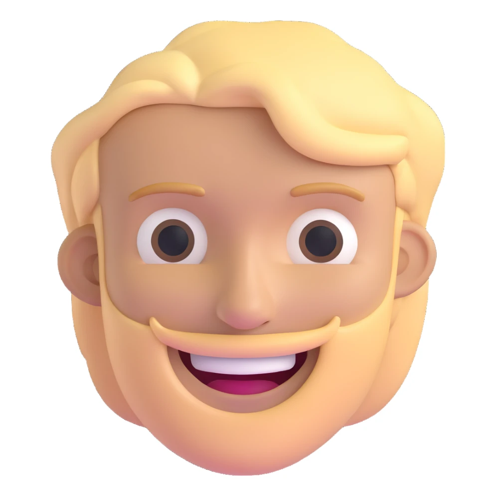 young man with blonde hair and moderate beard with a big smile sticker