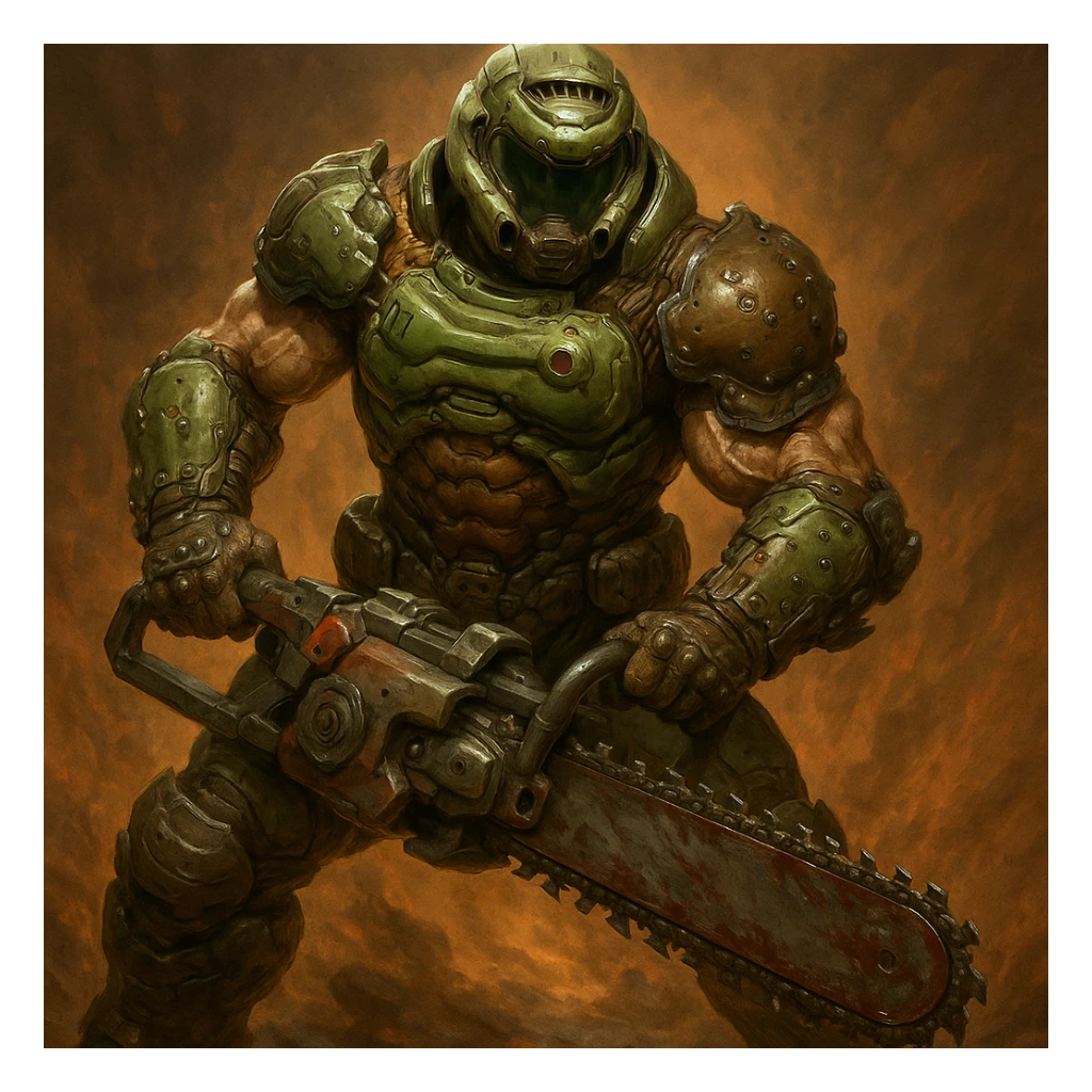The Doomslayer, full body, wielding a chainsaw, green and brown armor, muscular and imposing, inspired by Doom Eternal sticker
