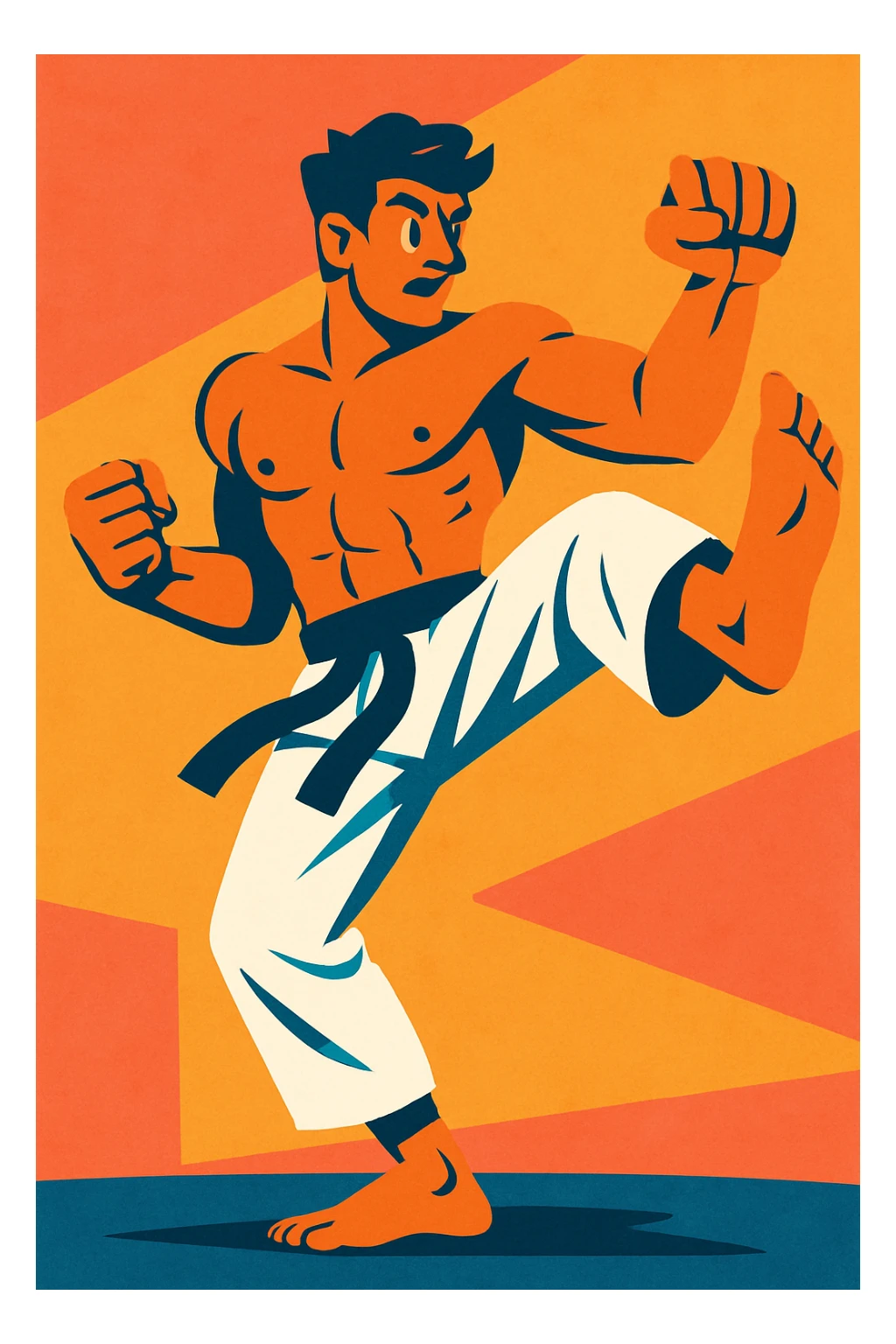 a tall, athletic man, shirtless, in white karate pants, stylized illustration, dynamic pose sticker