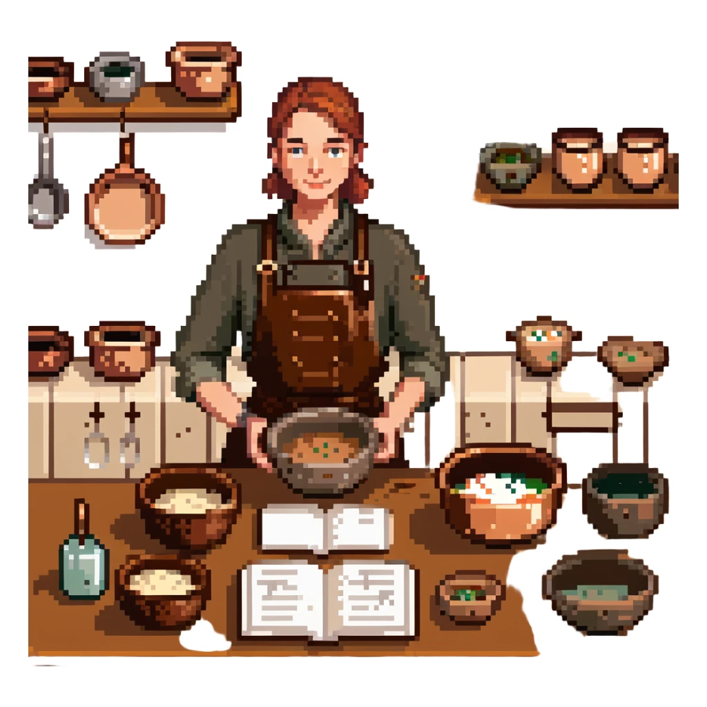 A confident journeyman baker working with copper mixing bowls, enamel measuring cups, and a leather-bound recipe book. The environment features warm lighting, brass utensils, and stitched cloth textures. UI elements resemble embossed leather tabs and metallic buttons. sticker