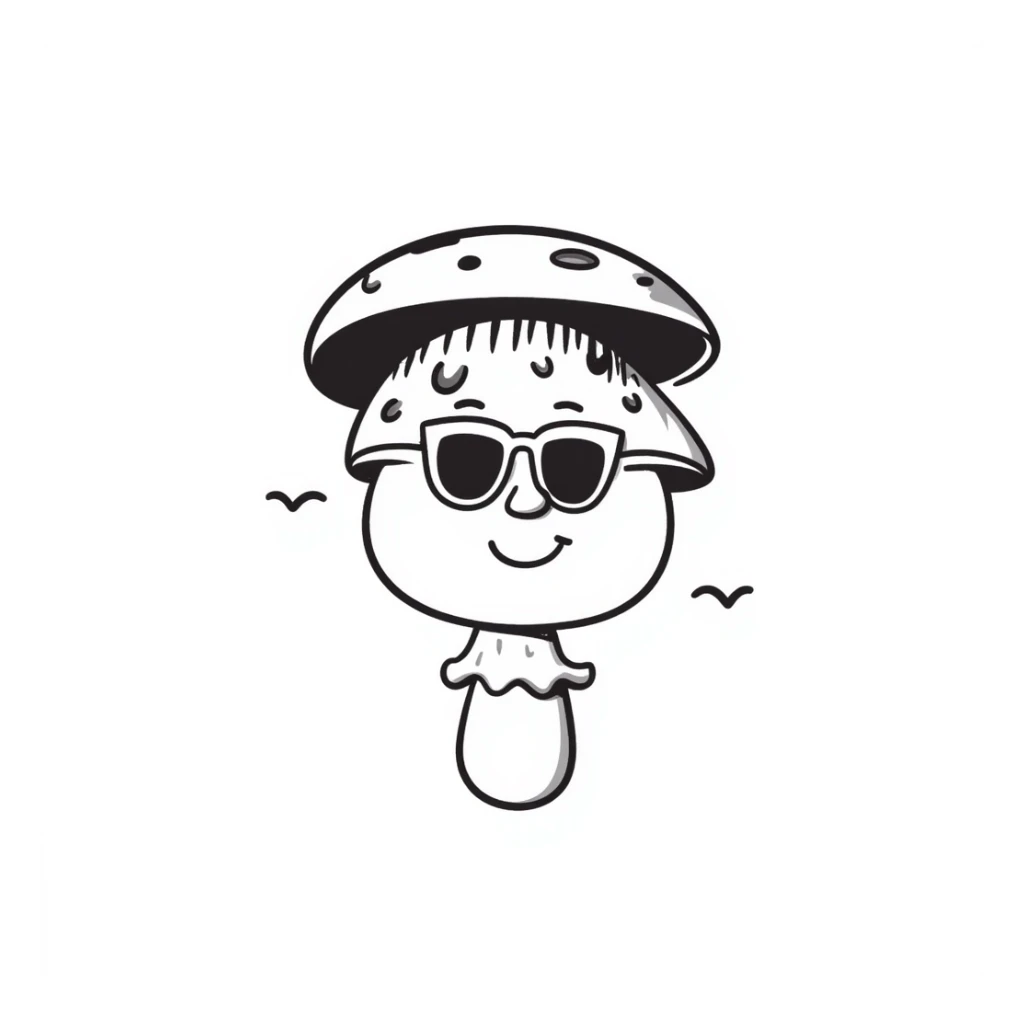 mushroom with sunglasses and a smile, hand drawn doodle style sticker