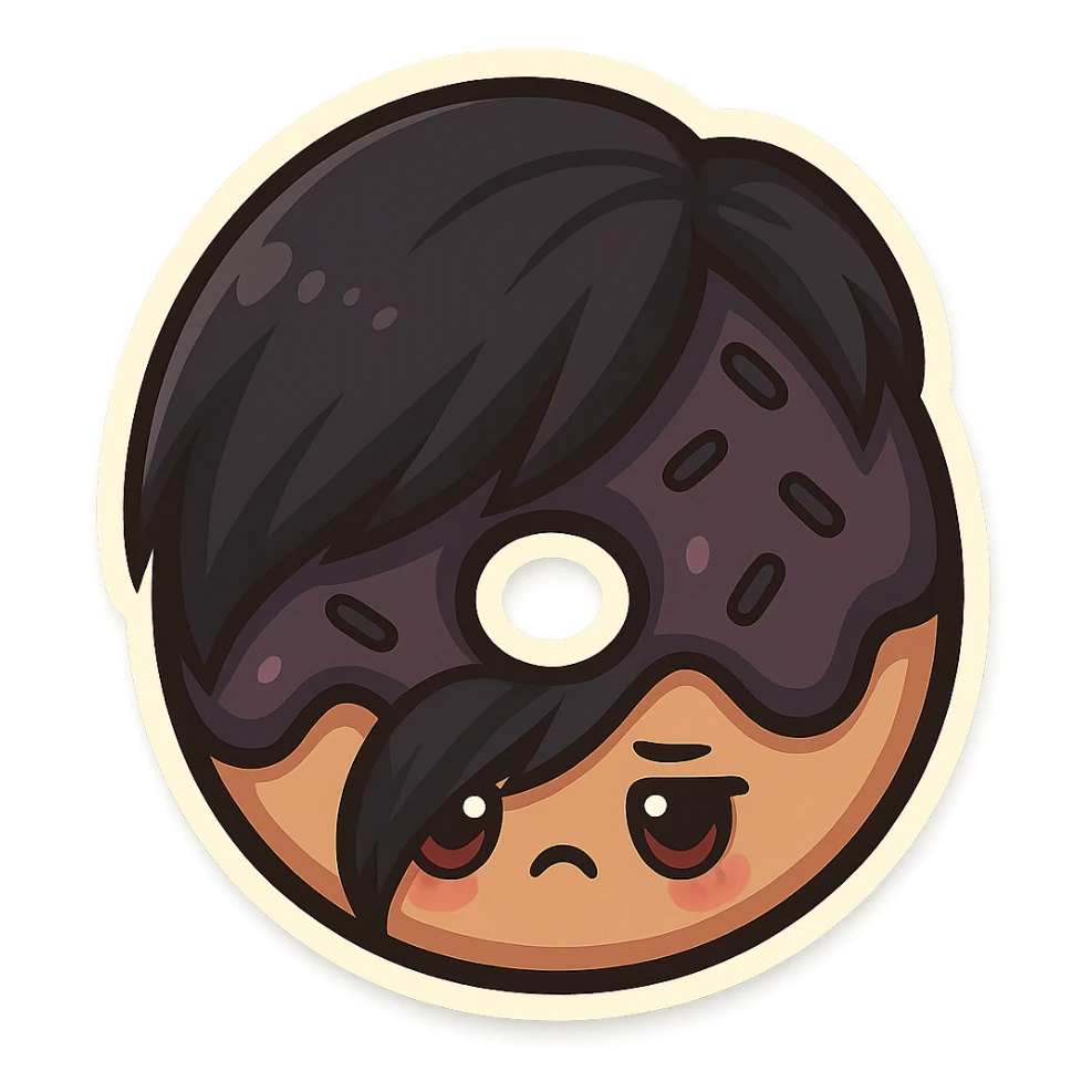 chibi sticker-style donut with an emo vibe, dark colors, side-swept bangs, cute and exaggerated sticker