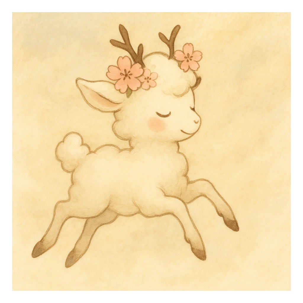 Refine the vanilla cloud doe with rosy cheeks and a cherry blossom crown to float gracefully, avoiding a front-facing view. The style should be soft and whimsical, conveying magical, graceful floating energy in the pose and expression. This is for a brand identity mascot for social media, emphasizing a gentle and enchanting atmosphere. sticker