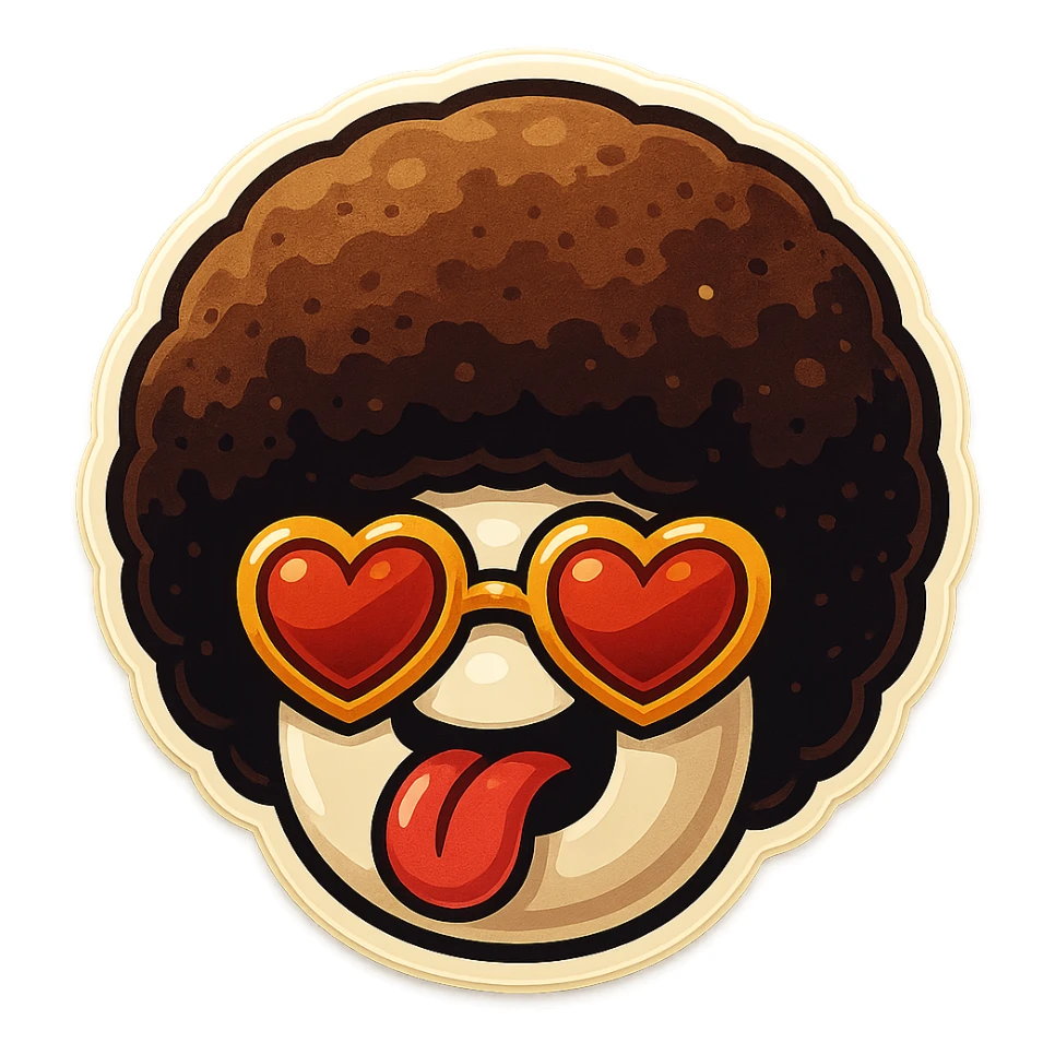 White circle coffee bean face, afro, heart glasses, big heart eyes, tounge rolled out sticker