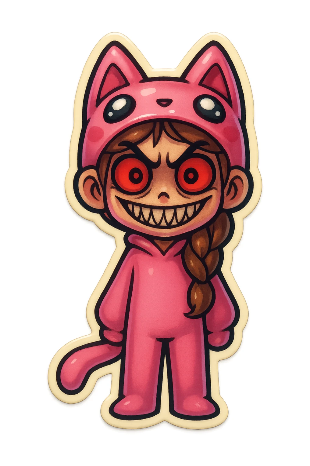 Change the pink character's face to a horror/scary expression, such as wide eyes, sharp teeth, or a creepy smile. Keep the transparent background. sticker