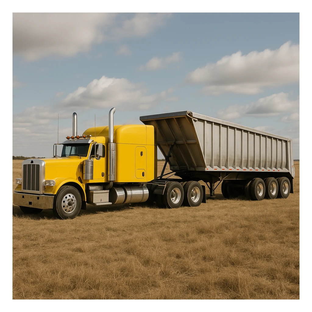 realistic yellow sleeper semi truck with a large end dump trailer parked in a field sticker