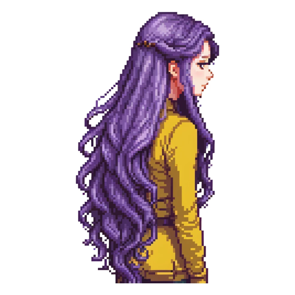 Girl with long purple hair that flows down her back, pixel art style sticker