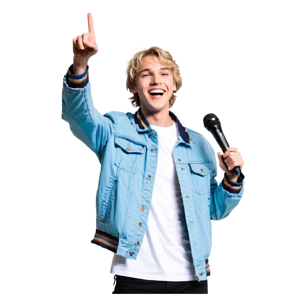 Pixel art style, expressive male performer, Caucasian features, short sandy blonde hair, lively eyes, wide cheerful smile, wearing a sky blue jacket over white tee, tossing a microphone in one hand, waist-up, front-facing sticker