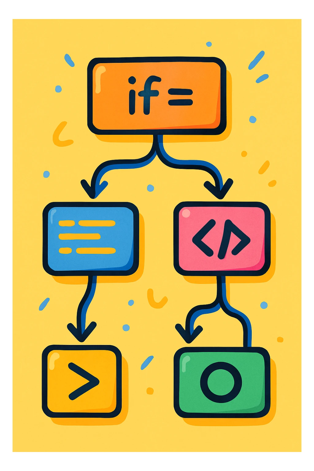 playful decision tree illustration showing code blocks and arrows, vibrant cartoon style sticker