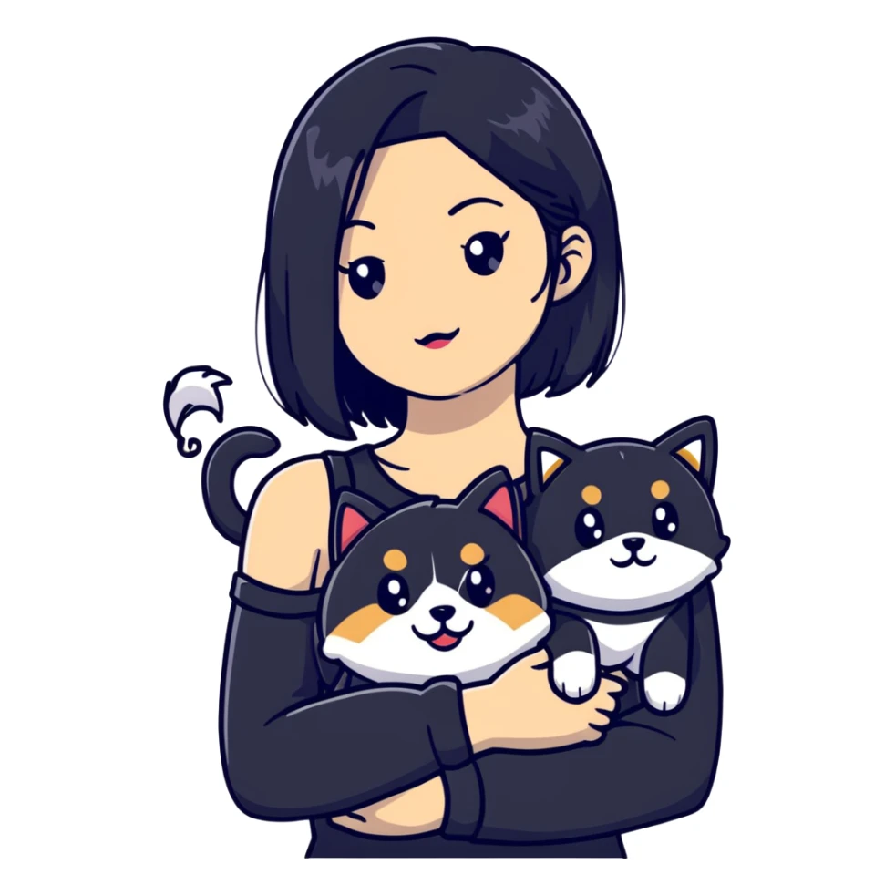 girl with black shoulder-length hair wearing a black tight-fitting top with a calico cat with white mouth and a shiba inu dog sticker