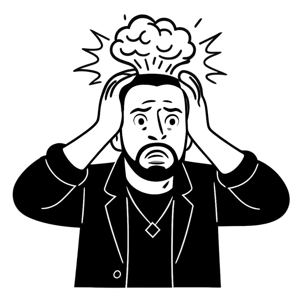 Используя такую стилистику как на картинках сгенерируй героя с фотографии, который в панике держится за голову, будто у него взрывается мозг, но лицо не должно быть агрессивным, прозрачный фон sticker