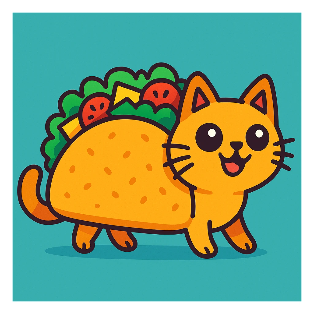 a whimsical taco cat, half taco, half cat, with a playful expression, vibrant colors, cartoon style sticker