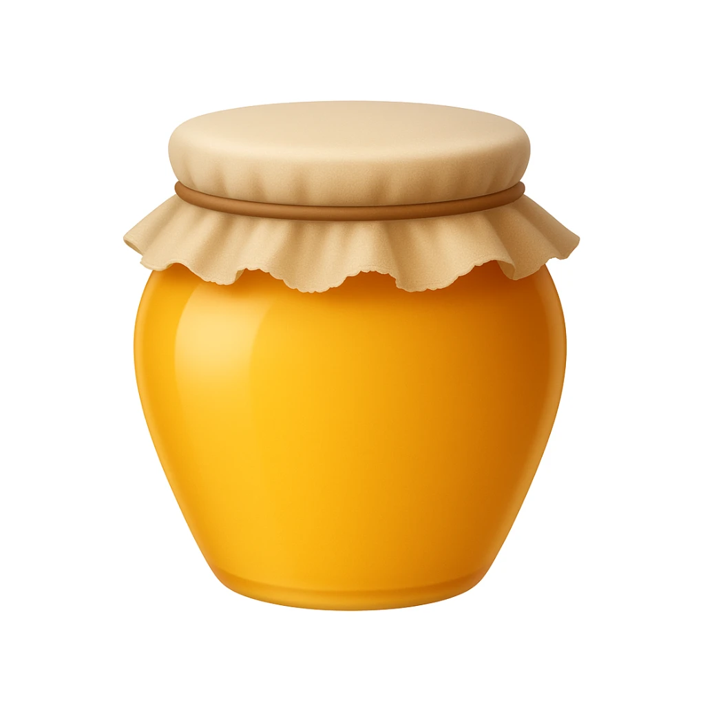 Create an emoji with no face that looks exactly like the reference image. The style should be iOS emoji style: 3D, shiny, smooth gradients, soft shadows, realistic honey jar shape with a cloth lid, no face. sticker