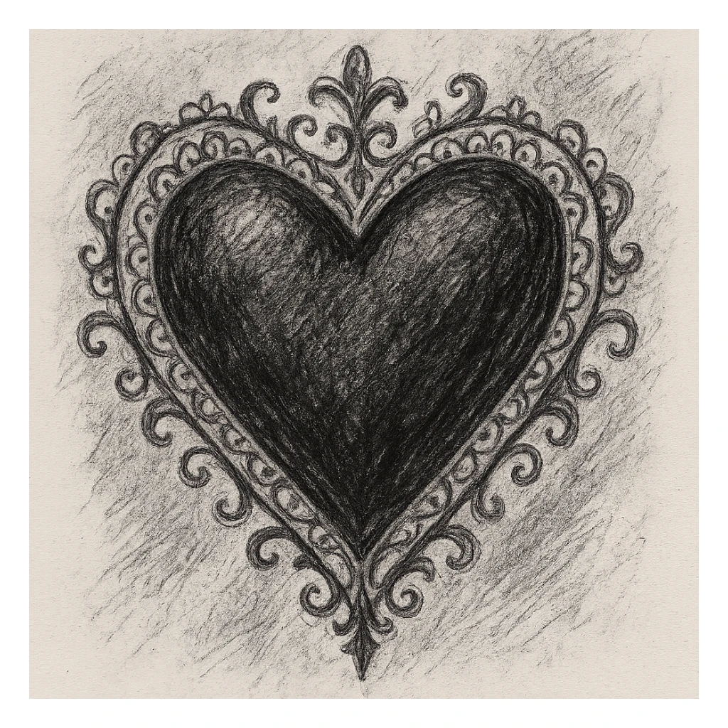 gothic heart with lace border, ornate, dark, elegant, pencil sketch style sticker