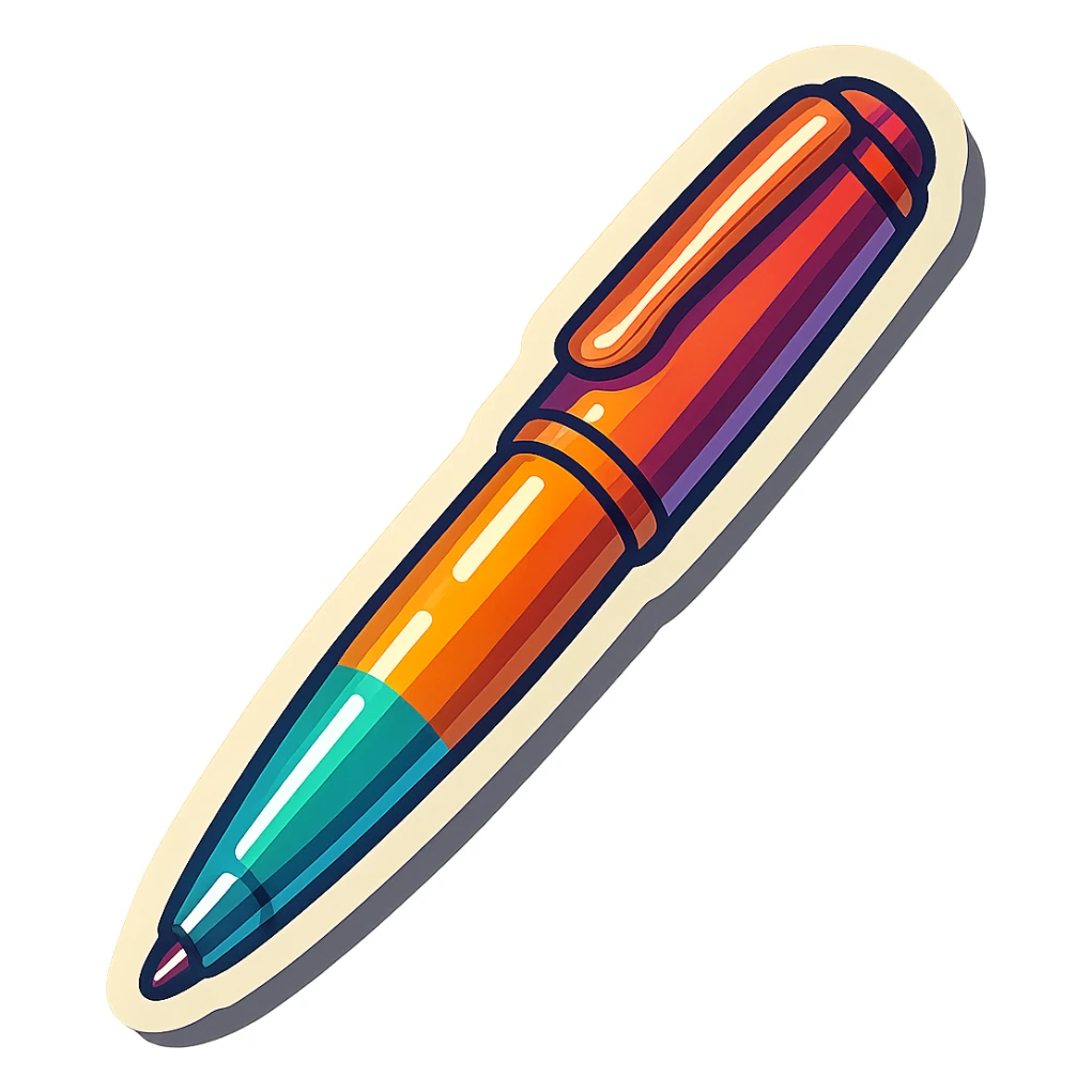 long classic pen, retro stickers style, soft rounded shapes, expressive contours, vintage color palette, light paper texture, shadows and highlights, transparent background sticker