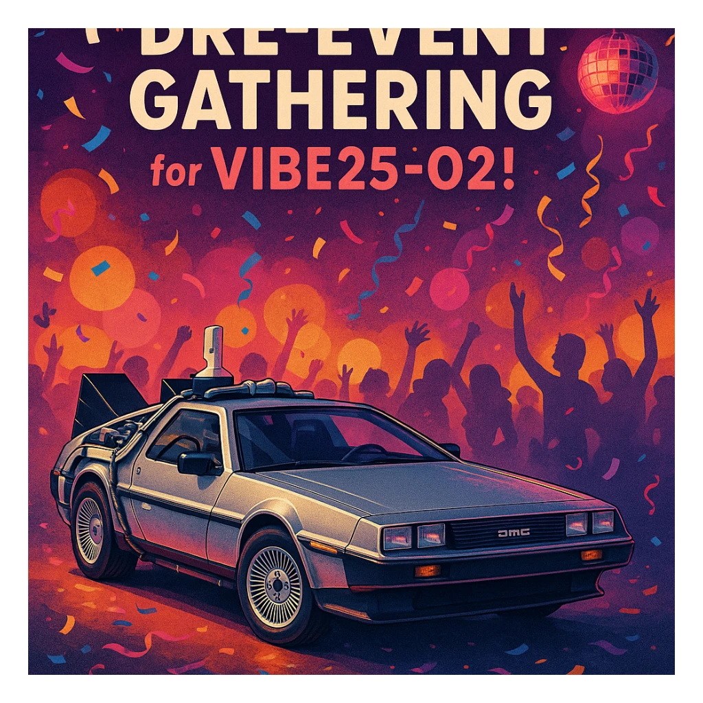 stylish invitation with a DeLorean, including the text 'Pre-Event Gathering for VIBE25-02!', party atmosphere sticker