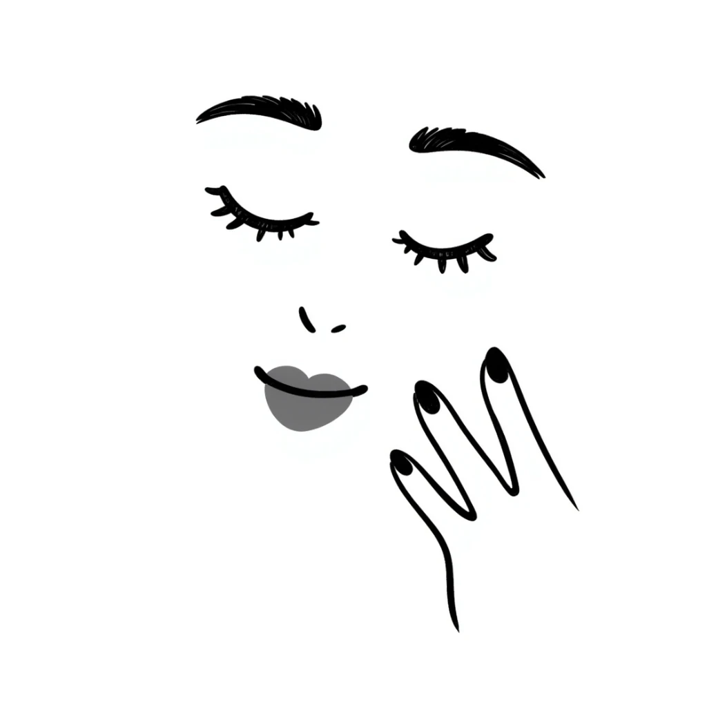 A hand-drawn face with closed smiling eyes with eyelashes, pursed lips wearing lipstick, and a hand with painted nails where only the thumb is out sticker