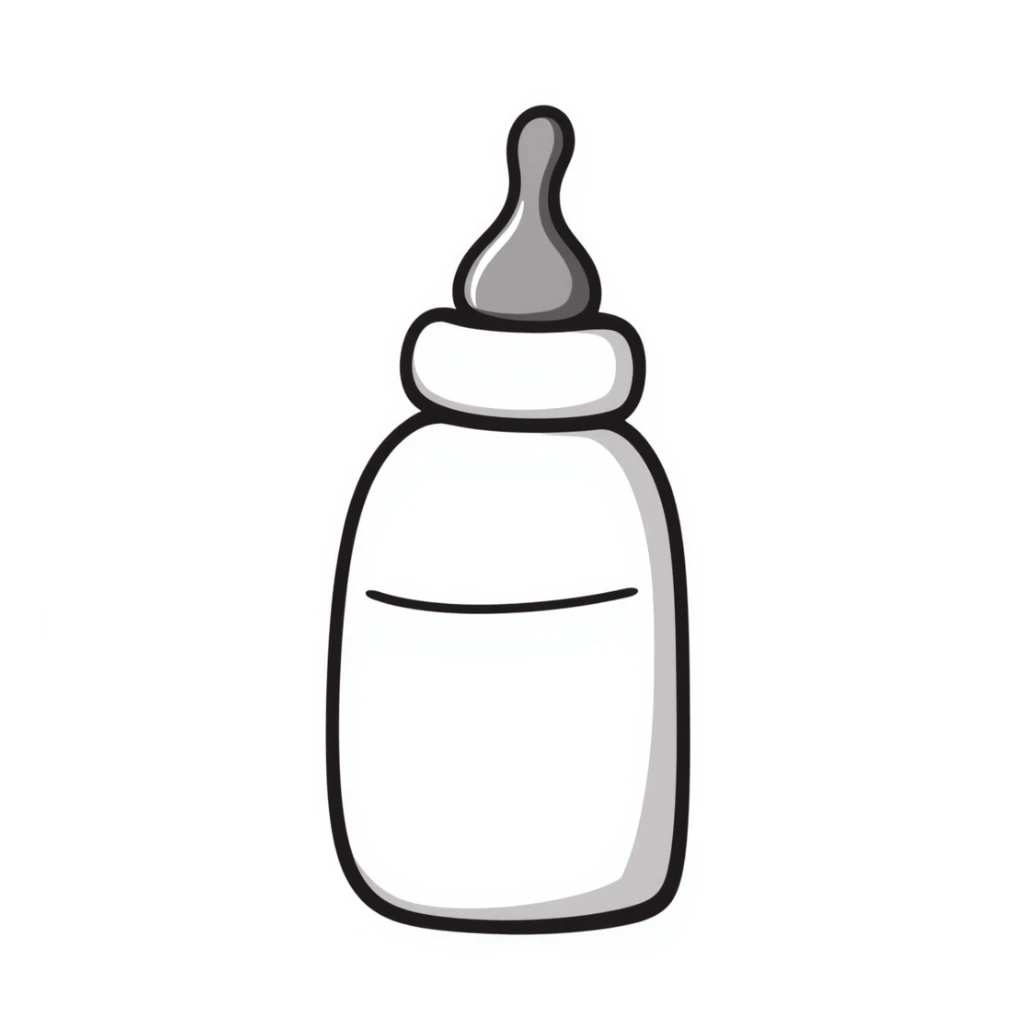 a baby bottle with a cap and nipple, pastel colors dd9fb0, ffc6d3, a3bfc9, c4bee2, f1b091, detailed hand-drawn doodle style sticker
