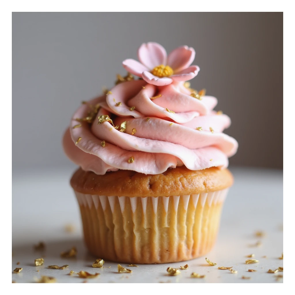 realistic cupcake with pink icing, photorealistic style, topped with a small edible flower and gold leaf accessories sticker