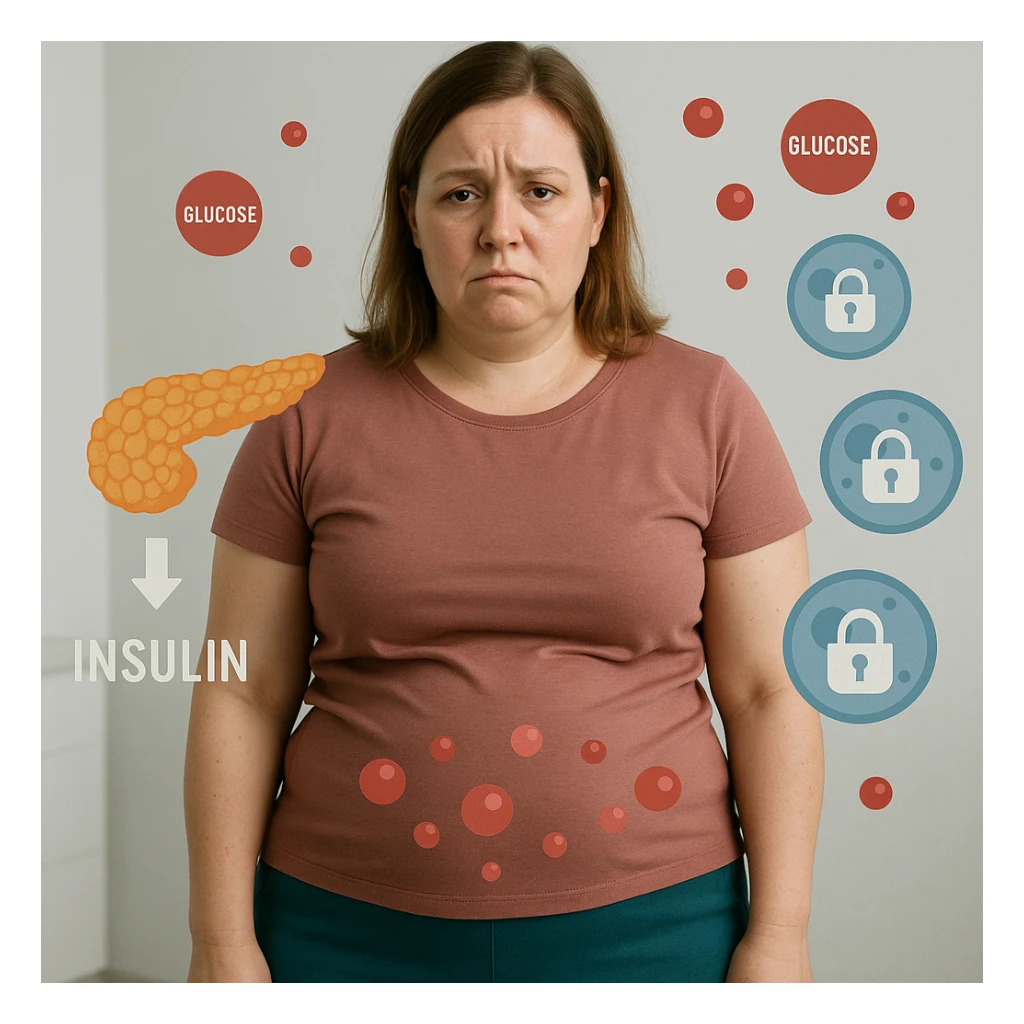 Realistic woman about 38 years old, slightly overweight with fat accumulation on abdomen and face, in a clinical or neutral environment. Expression tired and frustrated. Around the body: stylized pancreas with low insulin production icon, glucose molecules floating in the blood, cells with closed padlocks indicating they do not absorb sugar. Realistic style with medical symbolic elements. sticker
