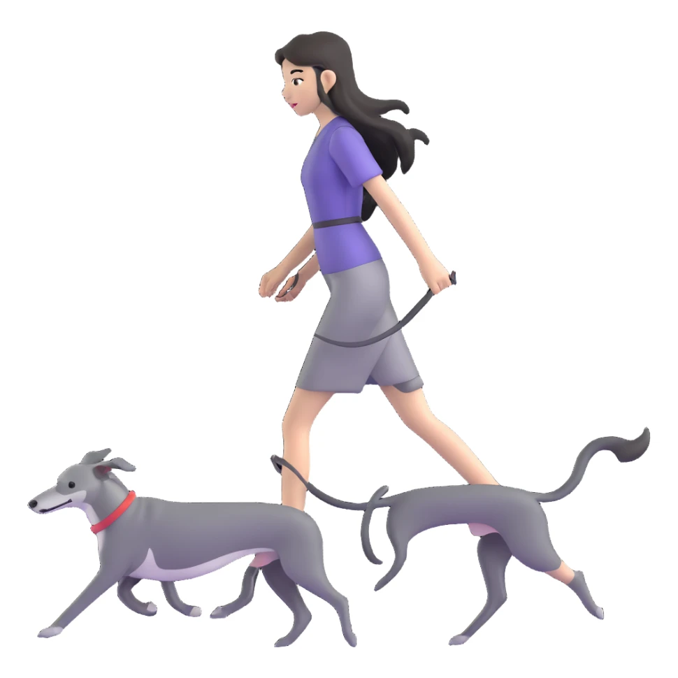 Japanese girl with flowing hair walking a solid grey greyhound with no white markings sticker