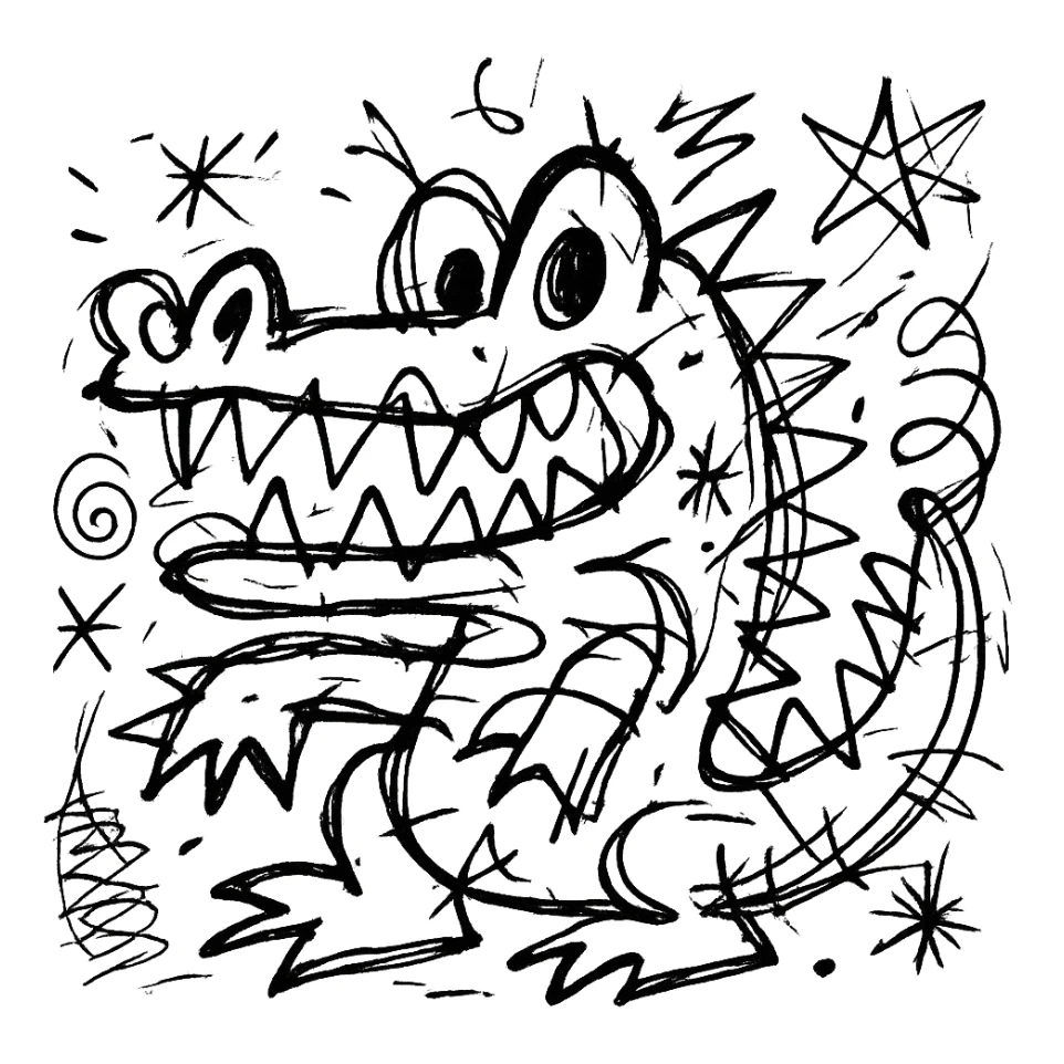 hand-drawn outlined crocodile with a quirky, chaotic design sticker