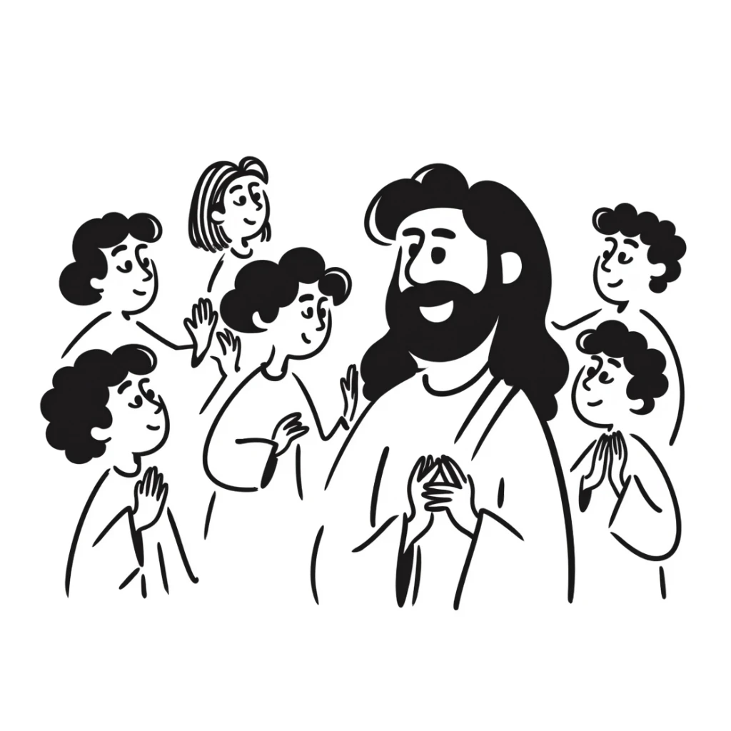 Jesus surrounded by his disciples and followers, peaceful gathering sticker