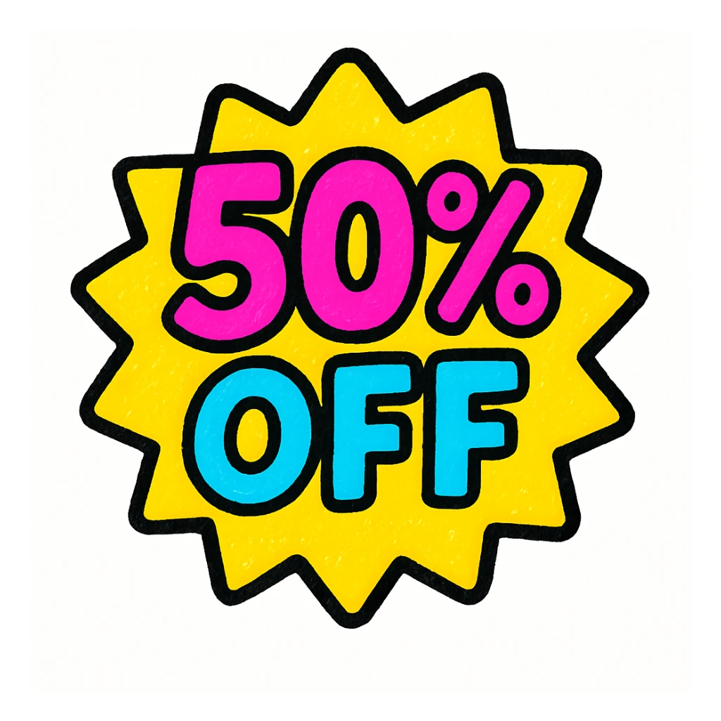 bold, eye-catching '50% OFF' badge, modern style, vibrant colors, suitable for sales and promotions sticker