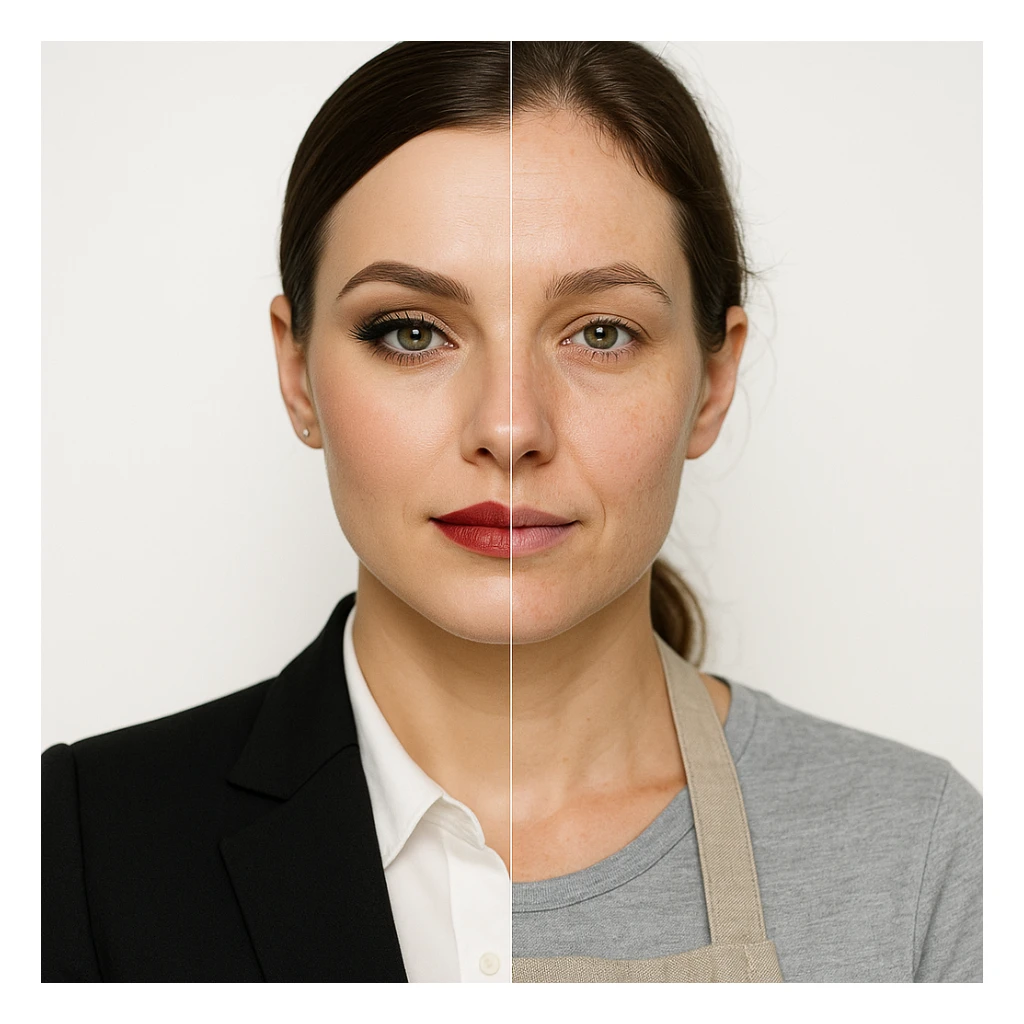 hyper realistic split-image of a woman, half face with professional makeup and business attire, half face natural, kitchen apron, white background, symmetry, clear contrast sticker