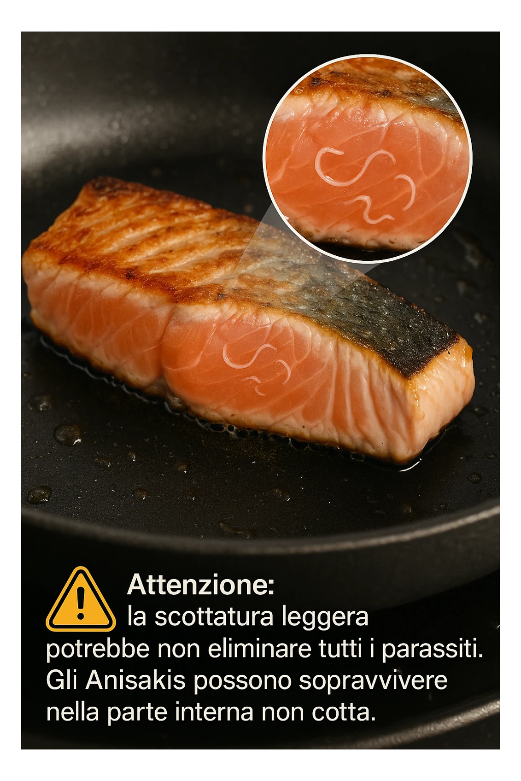 a close-up of a salmon fillet being lightly seared in a hot pan, with the outer layer cooked but the inside still raw. An inset magnifies the interior, showing visible Anisakis parasites surviving in the uncooked portion. A warning icon and educational text explain that searing alone may not eliminate all parasites. in italiano sticker