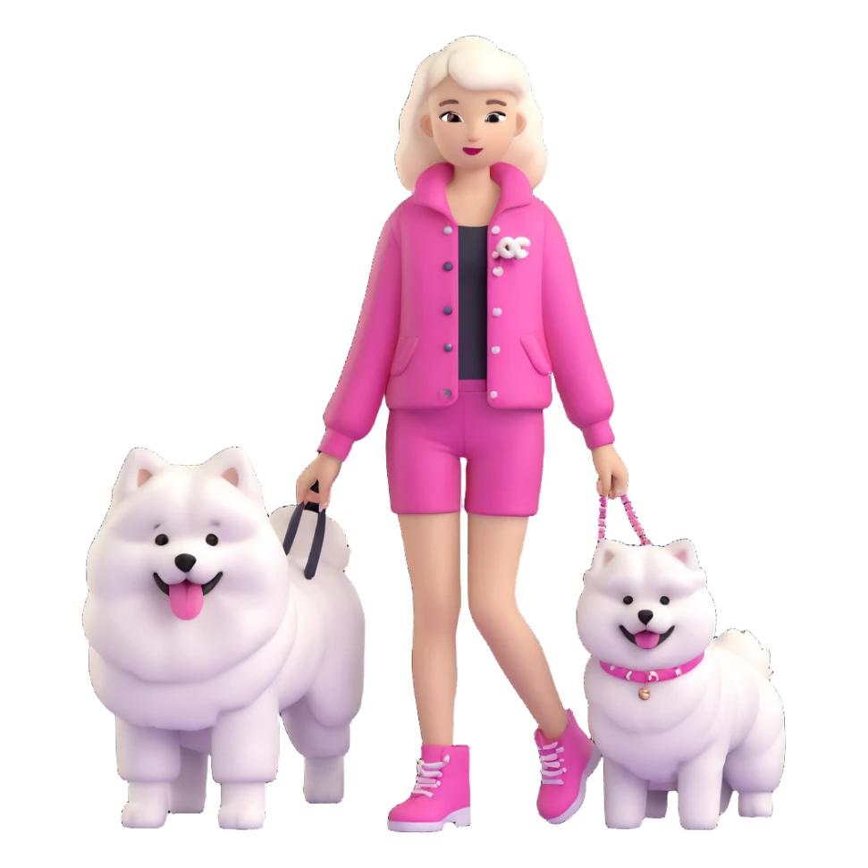 girl in pink Chanel-style outfit with white Samoyed dog sticker