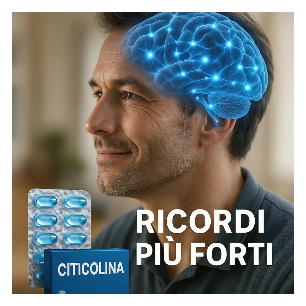 Citicolina che potenzia la memoria, iper realistico, molecola blu che illumina aree cerebrali, scritta 'Ricordi più forti', atmosfera positiva, dettagli realistici sticker