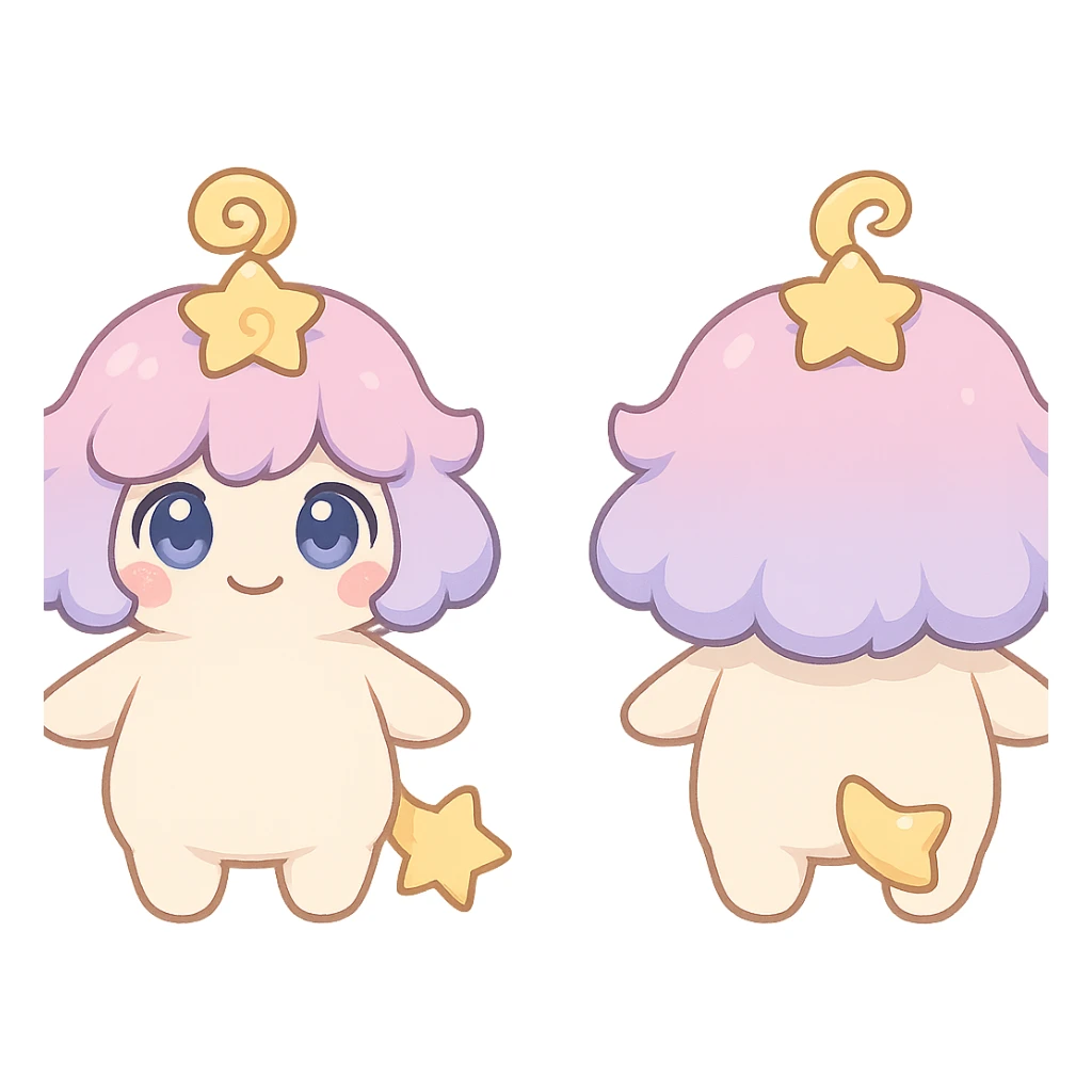 character turnaround of a chubby fluffy star spirit named Stella Puff, front side and back views, creamy white body, puffy cloud-like pastel pink purple gradient hair with a yellow star swirl on top, big round glassy blue violet eyes, coral pink blush, short arms and legs, soft golden star tail, kawaii chibi style, clean lines, transparent background sticker