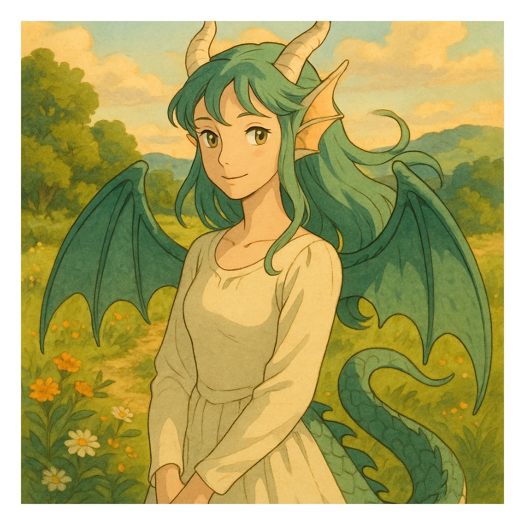 dragon girl, elegant, ghibli-inspired, soft lighting, gentle smile sticker