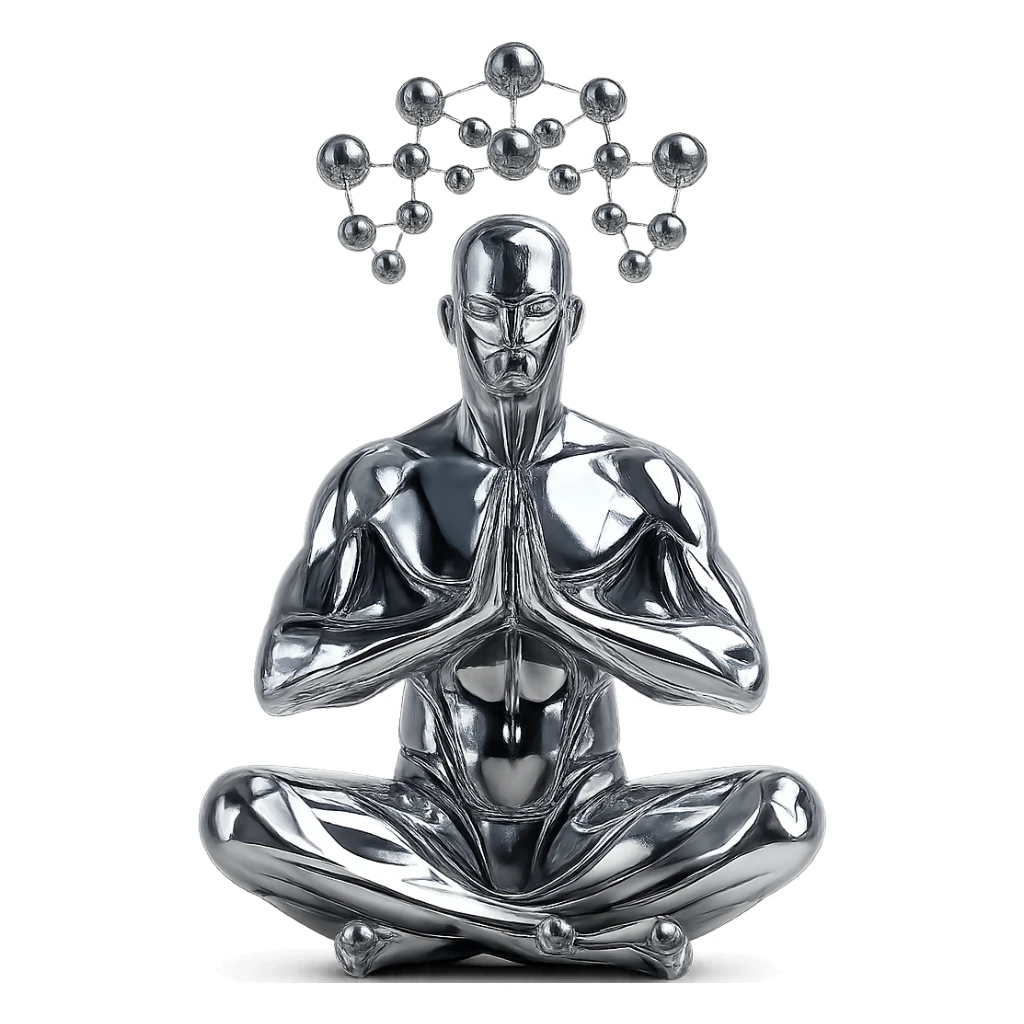 stylized chrome statue of a man meditating, with a network of chrome orbs suspended above him, futuristic and polished sticker