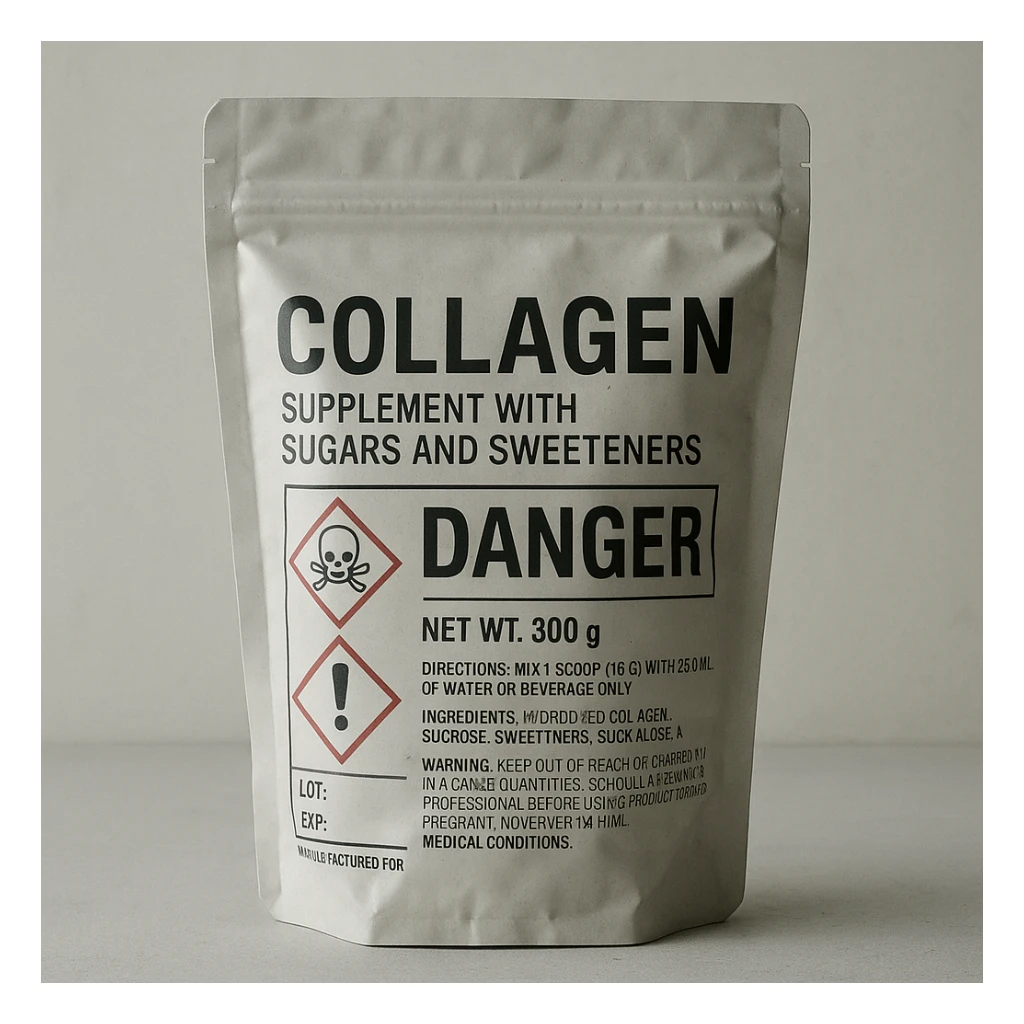 realistic collagen supplement package with sugars and sweeteners, danger symbols, negative atmosphere, clinical details, light background sticker