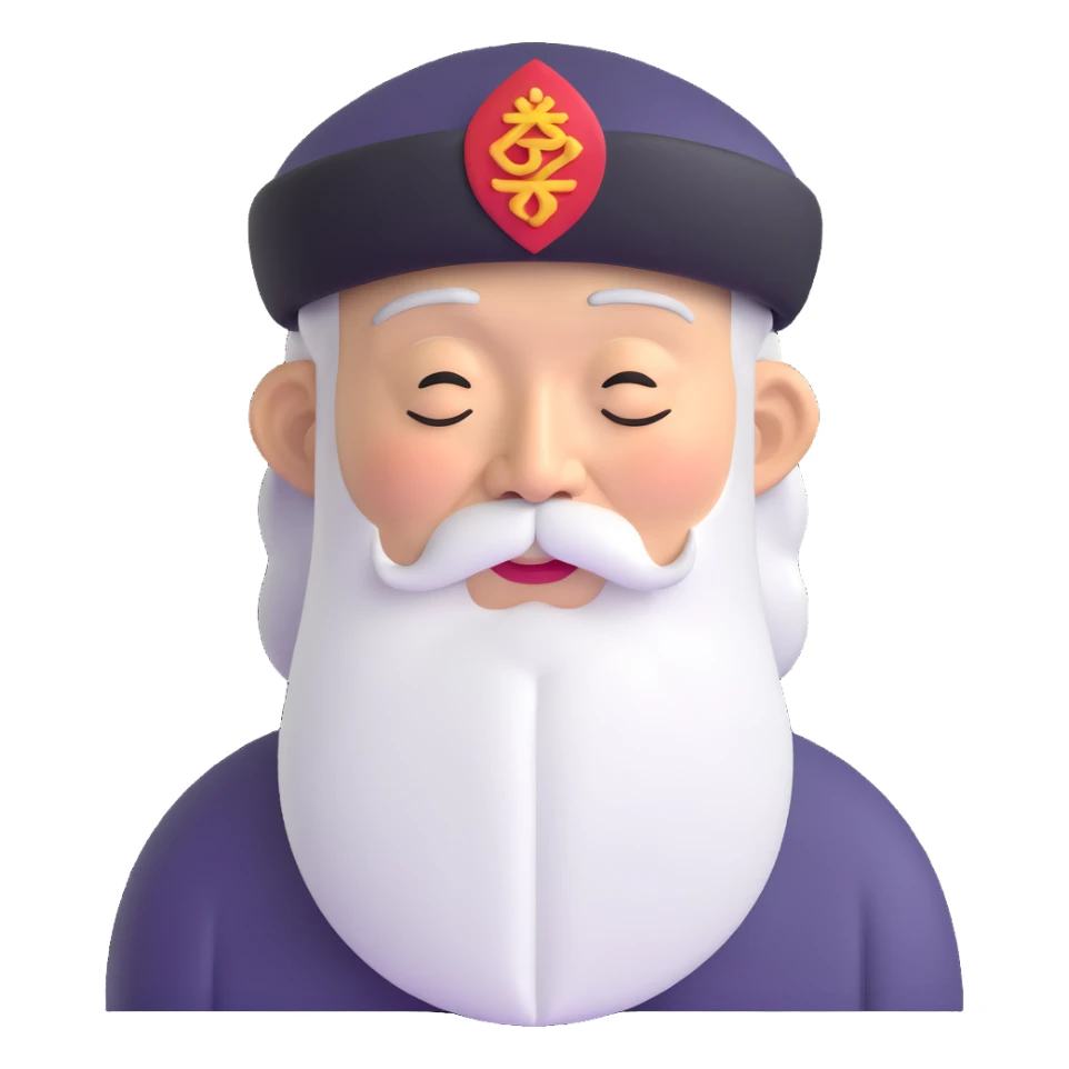 Elderly wise Asian man with long white beard and traditional hat, looking contemplative with eyes closed sticker