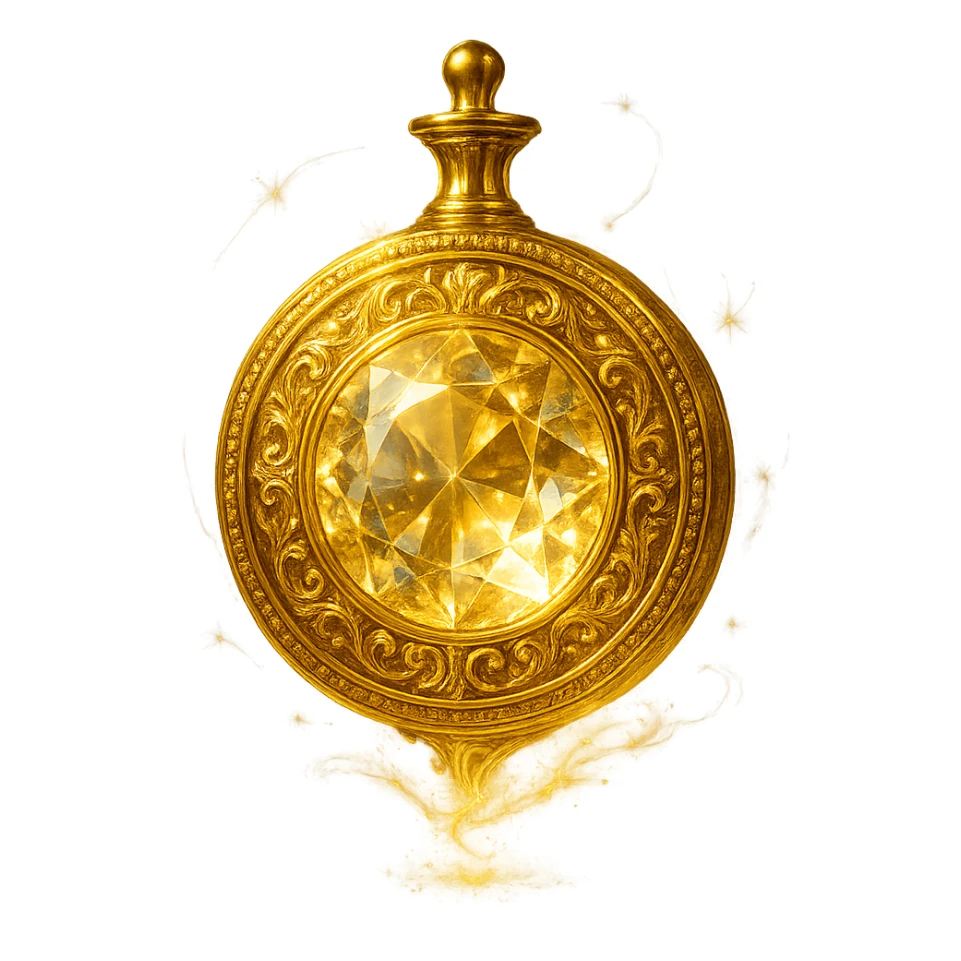 very luxurious crystal coin-shaped elixir bottle, golden, lots of shine, edges, ornaments, magical effects, very small golden neck, transparent background, beautiful merging bottom, clearly floating in air, no base or shadow, premium class, matching the collection sticker