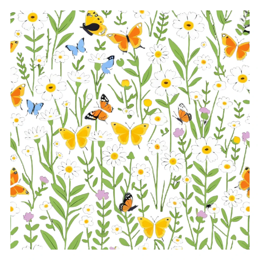 a meadow with butterflies and flowers, cartoonish sticker style sticker