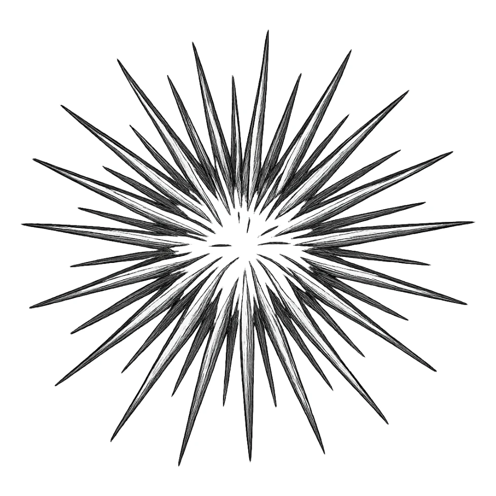 Make the sea urchin shape more realistic, keeping the dangerous spikes, with a transparent background, in a hand drawn icon style with no fill, focusing on detailed and realistic spikes and shape. sticker