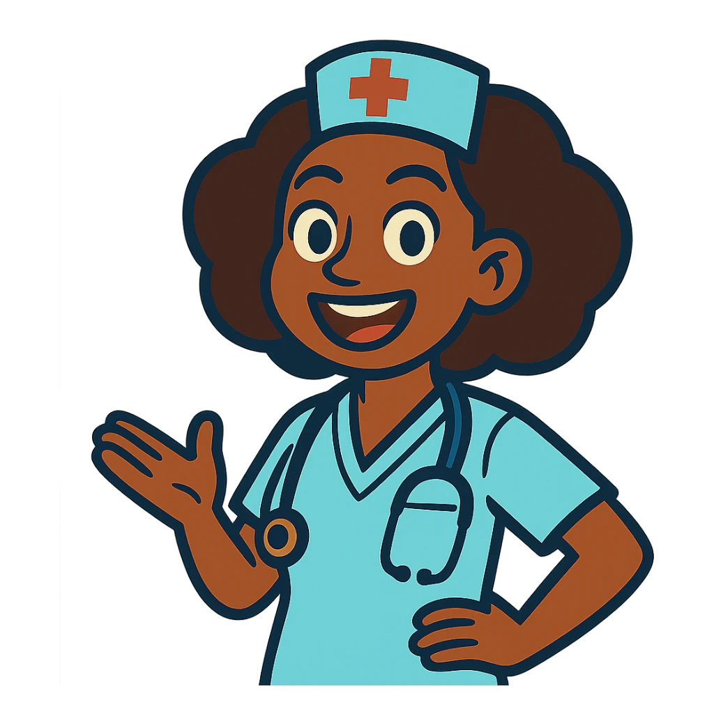 vibrant toon style afro latina nurse with expressive face, nurse uniform sticker