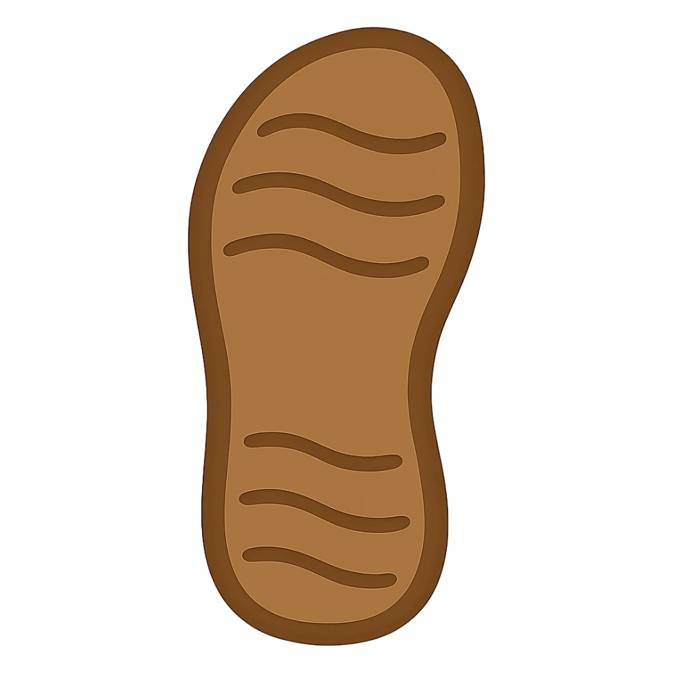 Create an emoji style sandal sole with minimal detail, matching the reference image, viewed from the bottom. The style should reflect the look of apple style emojis with simple and clean design. sticker