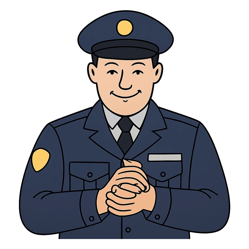 Используя такую стилистику сгенерируй налогового инспектора в точно такой же фуражке, который смотрит прямо на зрителя и довольно потирает руки, прозрачный фон sticker