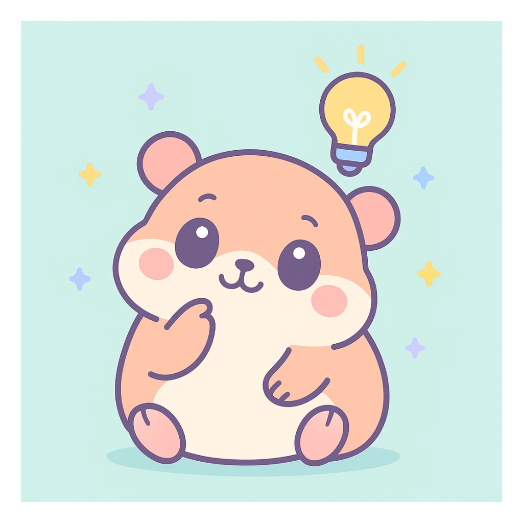 chubby hamster sitting, paw on chin, with a glowing idea bulb, kawaii illustration sticker