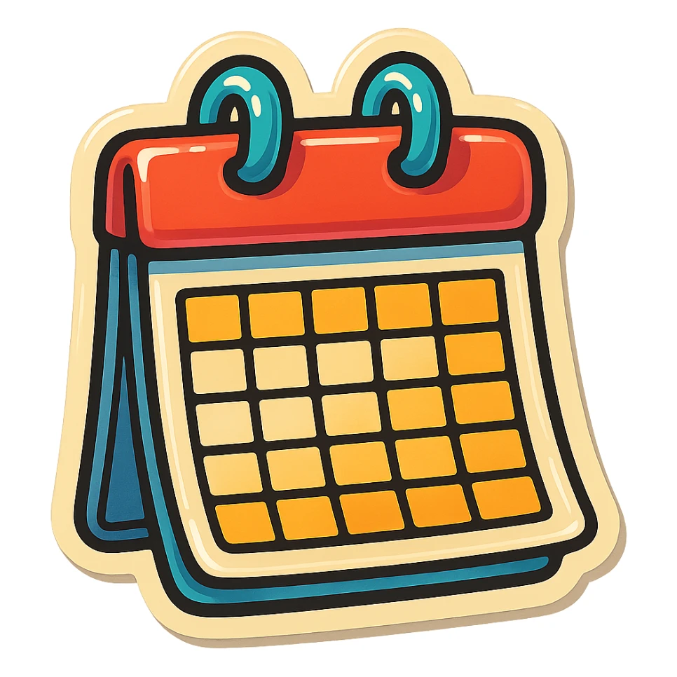 retro sticker-style image of a wall calendar with a visible month grid, bold outlines, juicy colors, expressive shadows and highlights, playful and glossy look sticker