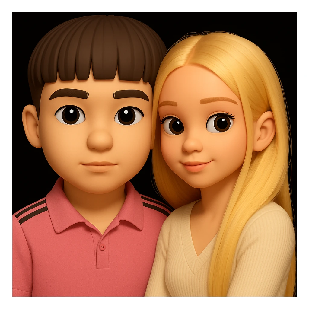 Combine both people from the provided images into one high quality 3D emoji style composition, keeping realistic details and harmonious placement in a single image. The style should resemble a 3D emoji with realistic features and depth. sticker