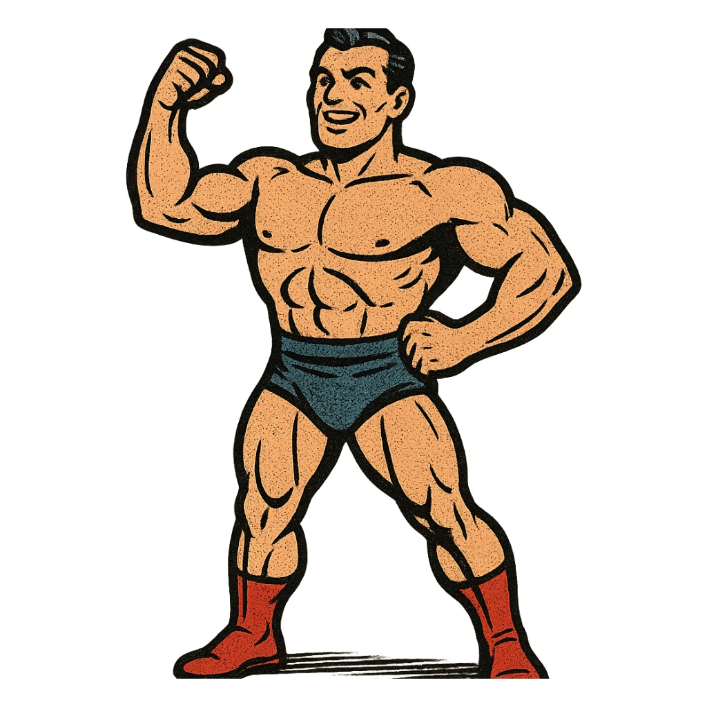 strong man, muscular build, heroic pose, confident expression, classic comic book style sticker